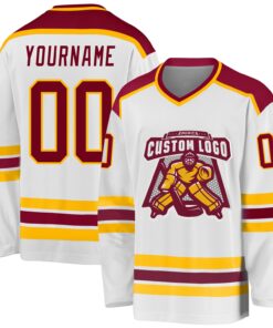 Custom White Maroon-Gold Hockey Jersey