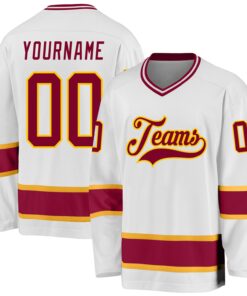 Custom White Maroon-Gold Hockey Jersey