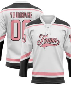 Custom White Medium Pink-Black Hockey Lace Neck Jersey