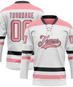 Custom White Medium Pink-Black Hockey Lace Neck Jersey
