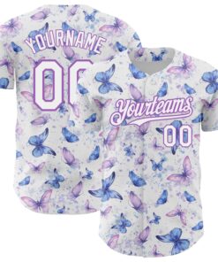 Custom White Medium Purple 3D Pattern Design Animal Butterfly Authentic Baseball Jersey