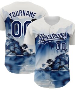 Custom White Navy 3D Pattern Design Abstract Watercolor Mountains Authentic Baseball Jersey
