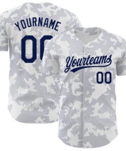 Custom White Navy 3D Pattern Design Curve Lines Authentic Baseball Jersey