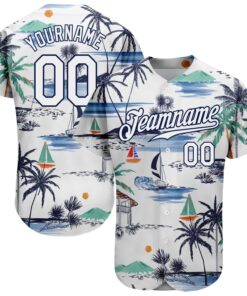 Custom White Navy 3D Pattern Design Hawaii Palm Trees Island And Sailboat Authentic Baseball Jersey