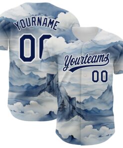 Custom White Navy 3D Pattern Design Mountains Landscape Authentic Baseball Jersey