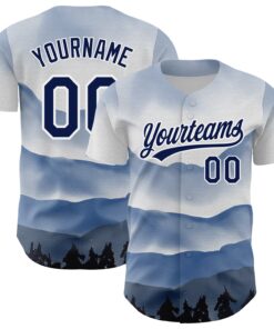 Custom White Navy 3D Pattern Design Watercolor Mountains Authentic Baseball Jersey