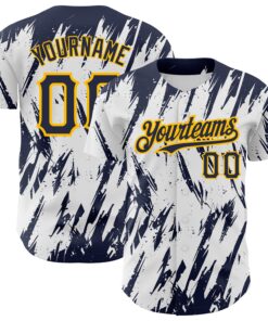Custom White Navy-Gold 3D Pattern Design Abstract Sharp Shape Authentic Baseball Jersey