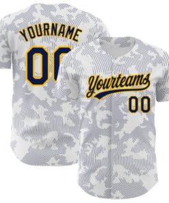 Custom White Navy-Gold 3D Pattern Design Curve Lines Authentic Baseball Jersey