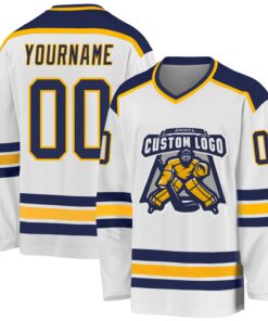 Custom White Navy-Gold Hockey Jersey