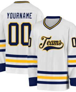 Custom White Navy-Gold Hockey Jersey