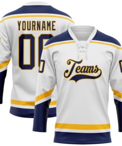 Custom White Navy-Gold Hockey Lace Neck Jersey