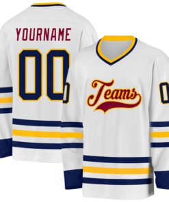 Custom White Navy Gold-Maroon Hockey Jersey