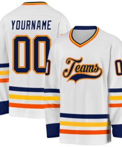 Custom White Navy Gold-Orange Hockey Jersey