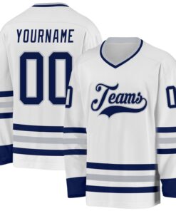 Custom White Navy-Gray Hockey Jersey