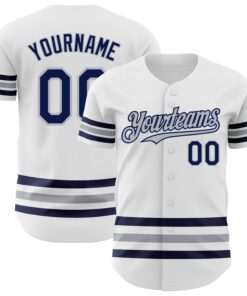 Custom White Navy-Gray Line Authentic Baseball Jersey