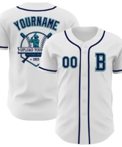 Custom White Navy Gray-Teal Authentic Baseball Jersey