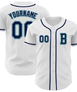 Custom White Navy Gray-Teal Authentic Baseball Jersey