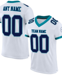 Custom White Navy Gray-Teal Mesh Authentic Football Jersey