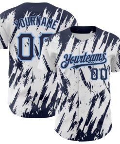Custom White Navy-Light Blue 3D Pattern Design Abstract Sharp Shape Authentic Baseball Jersey