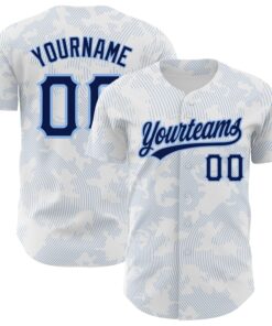 Custom White Navy-Light Blue 3D Pattern Design Curve Lines Authentic Baseball Jersey