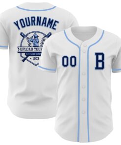 Custom White Navy-Light Blue Authentic Baseball Jersey