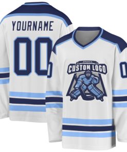 Custom White Navy-Light Blue Hockey Jersey