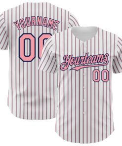 Custom White (Navy Medium Pink Pinstripe) Medium Pink-Navy Authentic Baseball Jersey