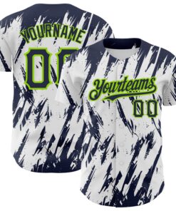 Custom White Navy-Neon Green 3D Pattern Design Abstract Sharp Shape Authentic Baseball Jersey