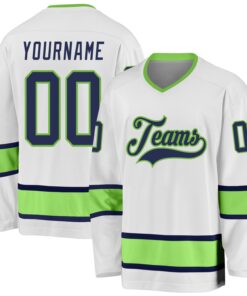 Custom White Navy-Neon Green Hockey Jersey