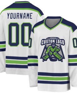 Custom White Navy-Neon Green Hockey Jersey