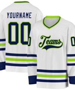 Custom White Navy-Neon Green Hockey Jersey