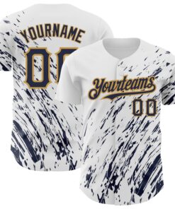 Custom White Navy-Old Gold 3D Pattern Design Abstract Splash Authentic Baseball Jersey