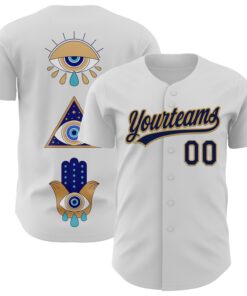 Custom White Navy-Old Gold 3D Pattern Design Evil Eyes Authentic Baseball Jersey