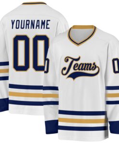 Custom White Navy-Old Gold Hockey Jersey