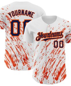 Custom White Navy-Orange 3D Pattern Design Abstract Splash Authentic Baseball Jersey