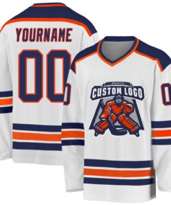 Custom White Navy-Orange Hockey Jersey