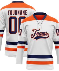 Custom White Navy-Orange Hockey Lace Neck Jersey