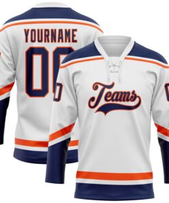 Custom White Navy-Orange Hockey Lace Neck Jersey