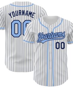 Custom White Navy Pinstripe Light Blue Authentic Baseball Jersey