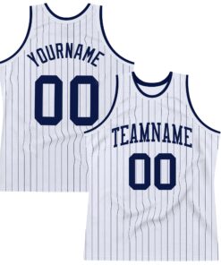 Custom White Navy Pinstripe Navy Authentic Basketball Jersey