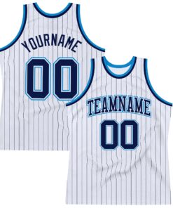 Custom White Navy Pinstripe Navy-Blue Authentic Basketball Jersey
