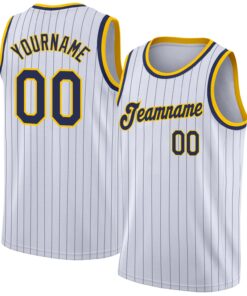 Custom White Navy Pinstripe Navy-Gold Authentic Basketball Jersey
