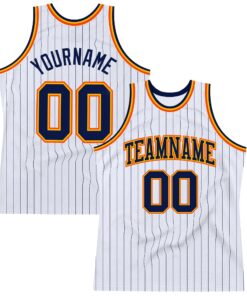 Custom White Navy Pinstripe Navy Gold-Orange Authentic Basketball Jersey