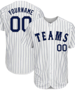 Custom White Navy Pinstripe Navy-Gray Authentic Baseball Jersey