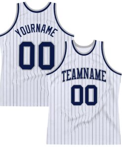 Custom White Navy Pinstripe Navy-Gray Authentic Basketball Jersey