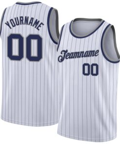 Custom White Navy Pinstripe Navy-Gray Authentic Basketball Jersey