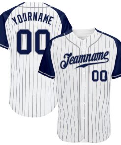 Custom White Navy Pinstripe Navy-Gray Authentic Raglan Sleeves Baseball Jersey