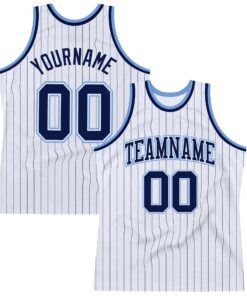 Custom White Navy Pinstripe Navy-Light Blue Authentic Basketball Jersey