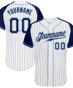 Custom White Navy Pinstripe Navy-Light Blue Authentic Raglan Sleeves Baseball Jersey