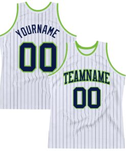 Custom White Navy Pinstripe Navy-Neon Green Authentic Basketball Jersey